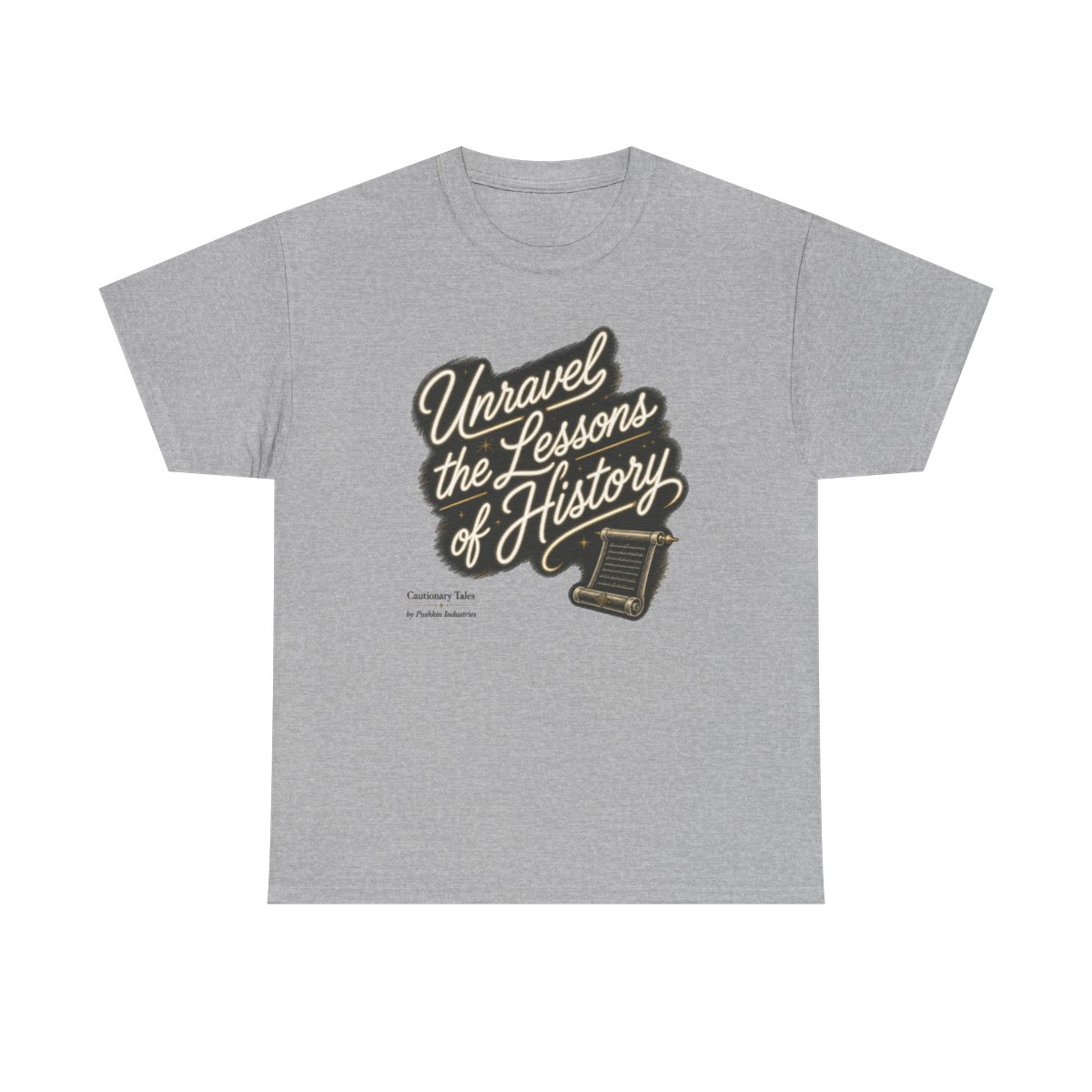 Cautionary Tales "Unravel the Lessons of History" Unisex Tee - alternate angle 4, merchandise