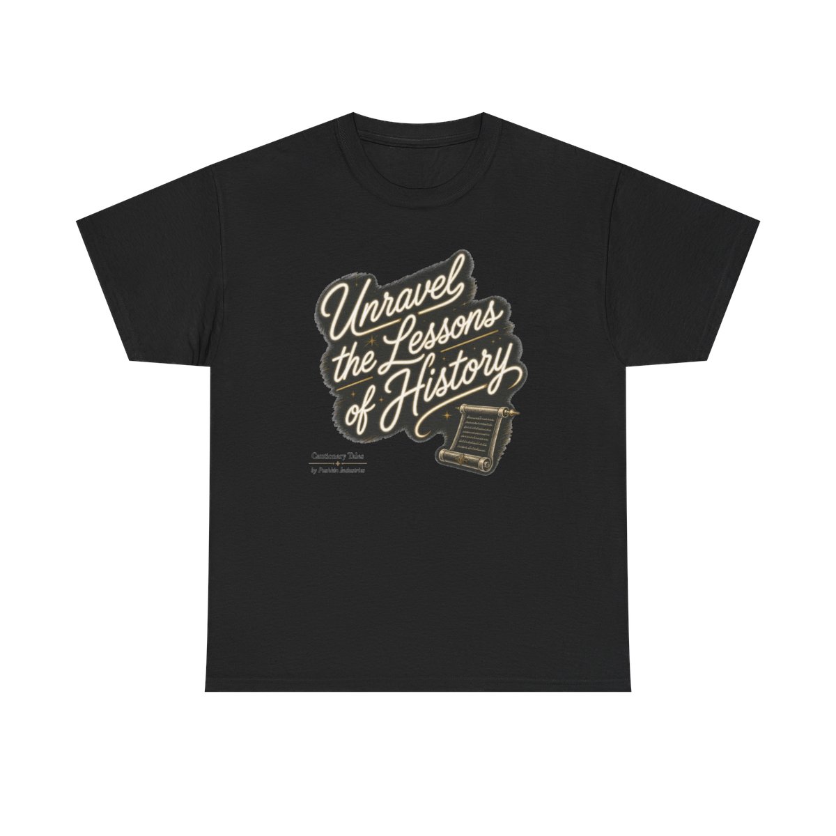 Cautionary Tales "Unravel the Lessons of History" Unisex Tee - alternate angle 2, merchandise